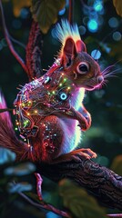 Robotic squirrels with agility circuits, navigating neon accented treetops in urban forest projects