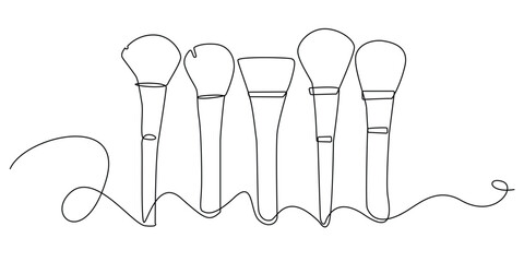 one continuous line drawing of various kinds of powder brushes.one line drawing of powder brushes of different sizes.single line vector illustration.isolated white background