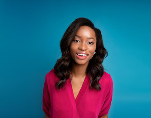 Fototapeta premium Headshot Portrait of a Smiling Woman with Contemporary Style, Isolated on Color Background with Ample Copy Space
