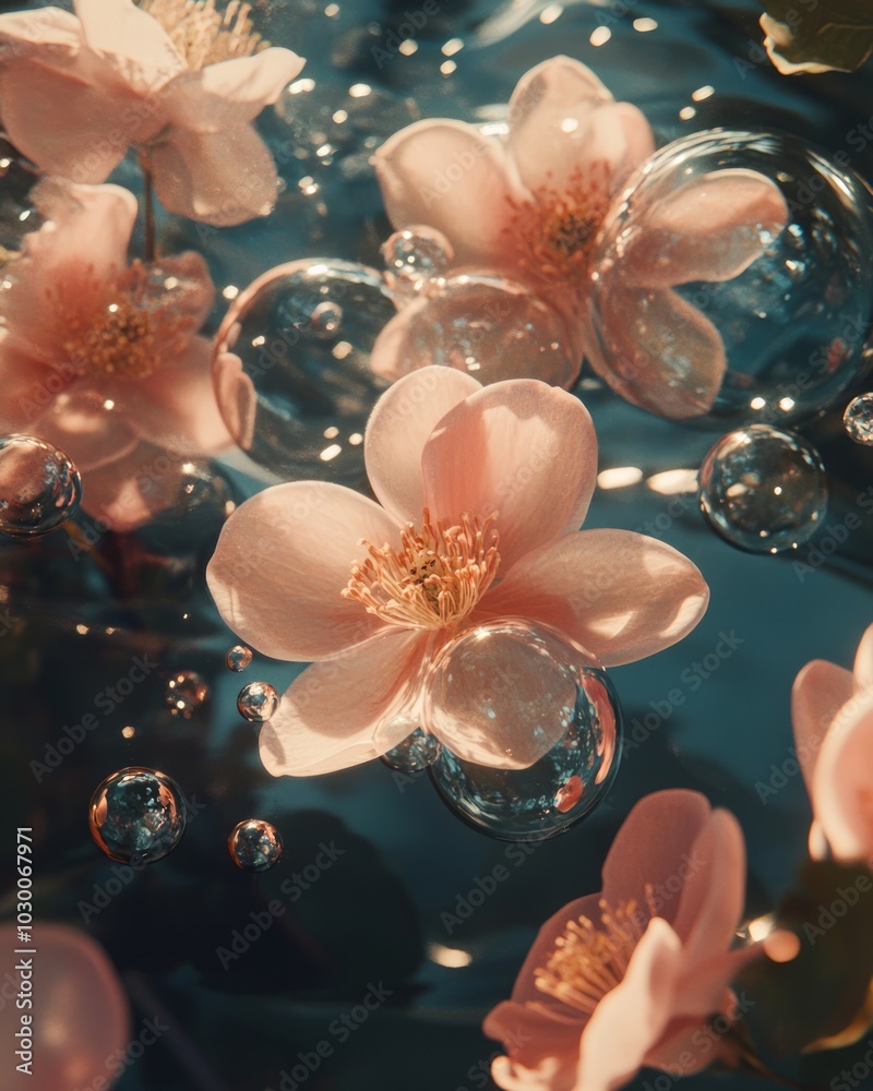 Poster Pink flowers floating on water with bubbles.