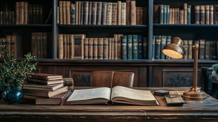A writer's desk with notebooks and reference books