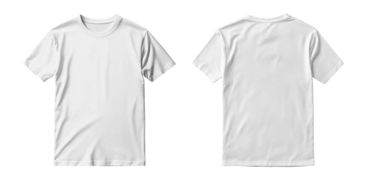 Mockup of t-shirt designs, male white tshirt template, front and back view, mock-up isolated on transparent background, png
