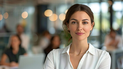 Obraz premium Confident businesswoman with arms crossed looking at camera in office setting.