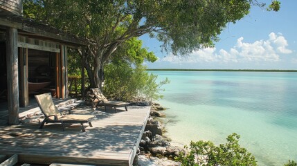 Naklejka premium Serene Coastal Retreat with Lounge Chairs by Water