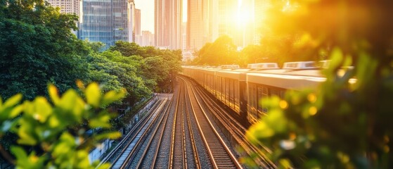 Urban train tracks surrounded by greenery at sunset, capturing the essence of city life.