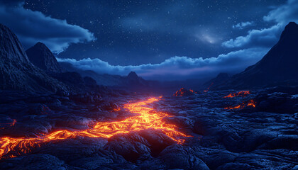 Fototapeta premium A glowing river of molten lava slowly flows through a rocky valley surrounded by dark, volcanic mountains