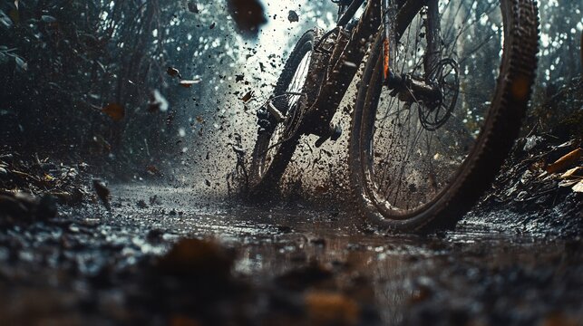 2410_180.adrenaline-fueled bike race scene, murky puddle splash, grime-covered bicycle parts, forest undergrowth, raw and unfiltered nature photography, dynamic composition