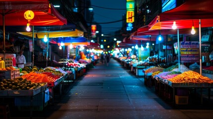 Fototapeta premium Urban night scene on Yaowarat, Thailand market road, market stalls, blank area