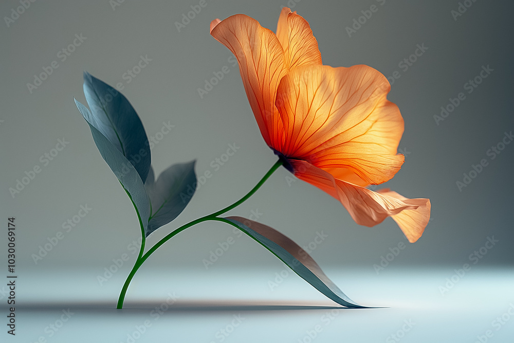 Canvas Prints A striking orange flower with translucent petals stands elegantly beside soft green leaves, showcasing nature artistry against a serene white background