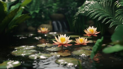 Tranquil pond with water lilies, lush greenery, and a small waterfall in the background.
