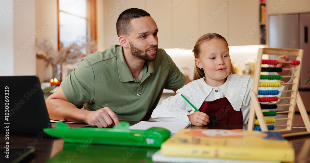 Poster homework, father and girl with abacus, help and education with elearning, support and learning. deve