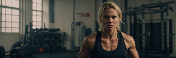 Anger sadness athletic muscular woman. Female person ready for training as athlete in fitness center, strong and serious with pride for performance in gym, confidence or health