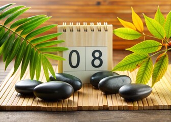 Elegant Architectural Photography of November 08 Calendar Date with Black Spa Stones, Green Leaves, and Autumn Aesthetics for Seasonal Decor and Wellness Concepts