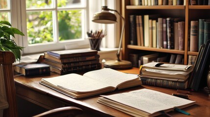 A writer's desk with notebooks and reference books