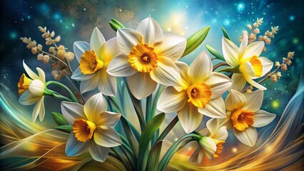 Naklejka premium Elegant Daffodil Surreal Photography: Realistic Vector Illustrations of Flowers, Leaves, Plants for Stunning Backgrounds, Patterns, Wedding Invitations, Floral Designs, Nature Art, and More