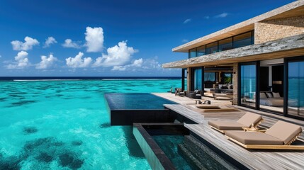 Fototapeta premium Luxury villa by the tranquil turquoise ocean