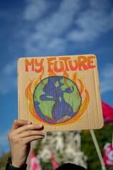 Hands and placards raised to the sky during the Global Climate Strike. 