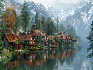 Naklejka premium Picturesque Lake Houses in a Mountain Landscape