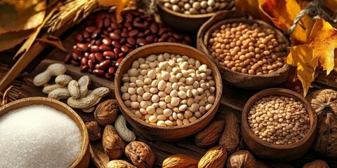 Obraz premium Autumn-themed wooden table with nuts, seeds, sugar, beans, lentils, and fall leaves - warm and cozy earthy palette vibes.