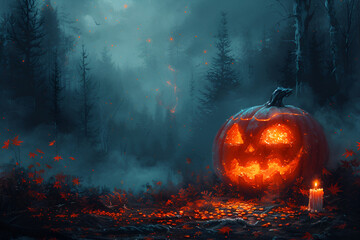 Naklejka premium scary halloween orange pumpkin in the forest at night
