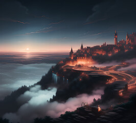 Fototapeta premium Beautiful atmospheric mystical landscape of the castle.moon in the night light.generative ai