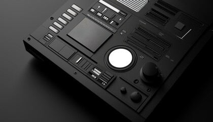 Obraz premium High-tech synthesizer in black and chrome, featuring detailed buttons, dials, and piano keys, symbolizing cutting-edge music production, Electronic Instrument, Futuristic Design