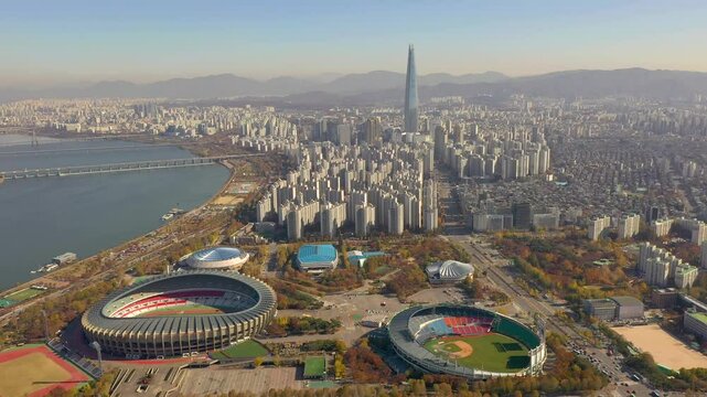 SEOUL, SOUTH KOREA - SEPTEMBER 9, 2024: An Aerial View Showcasing the Beautiful Cityscape and Sports Complex Area