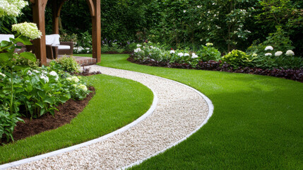 A backyard retreat with a pergola-covered seating area, gravel paths, and lush flower beds creating a cozy and inviting atmosphere