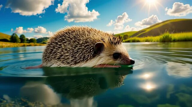A charming hedgehog swims in tranquil waters, surrounded by a vibrant landscape under bright sunlight, highlighting nature's serenity