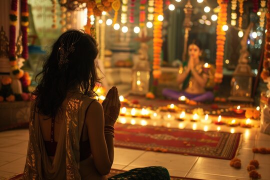 Woman praying in temple lit by candles during festival - Powered by Adobe