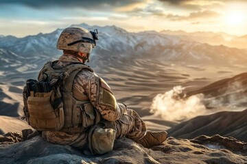 Peaceful soldier on hilltop in camouflage uniform looking at scenic landscape with blue sky and snowy mountains in background.