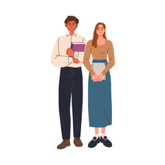 Office workers, man and woman colleagues. Male and female professionals, business partners holding binders. Coworkers couple, business team. Flat vector illustration isolated on white background