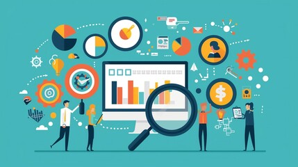 SEO infographic illustration showcasing best practices in search engine optimization with graphs and icons