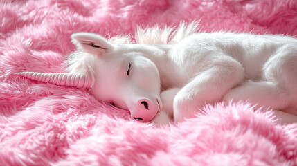 White unicorn sleeping on the pink fluffy blanket