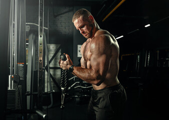 Muscular man having training with weights. Brutal strong athletic men pumping up muscles workout....