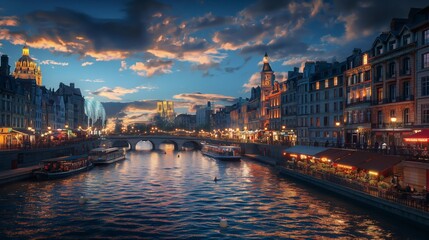 Fototapeta premium Scenic view of the Seine River in Paris at dusk featuring boats, bridges, and city buildings under a colorful sky