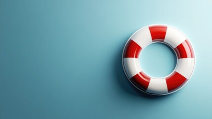 Red and white lifebuoy ring on light blue background