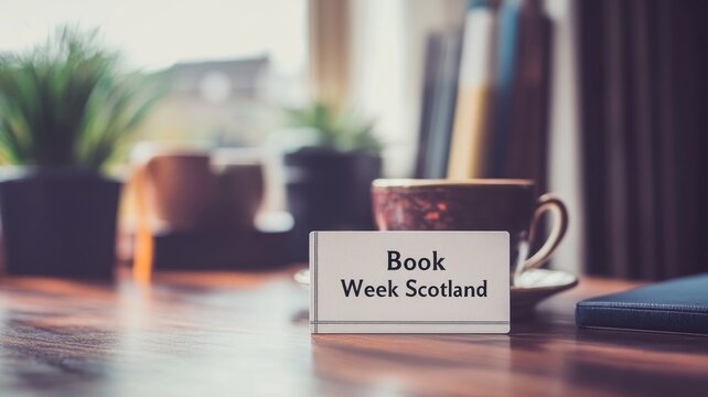 Sign labeled "Book Week Scotland" sits on wooden table with plants and coffee cup in background - Powered by Adobe