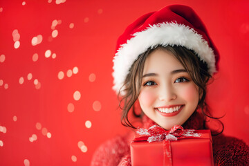 サンタクロースのコスプレで赤い服とサンタの帽子をかぶった若い日本人女性とクリスマスプレゼント・ギフト(美人モデル)