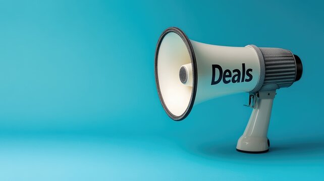 White megaphone with "Deals" text against blue background