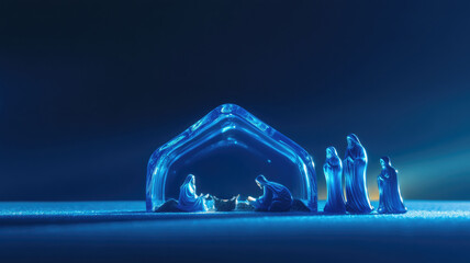 Scene of nativity with blue lighting and figurines representing religious event