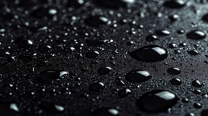 2410_146.macro photography of water droplets on black surface, high contrast monochrome, varied droplet sizes, light reflections, hydrophobic texture