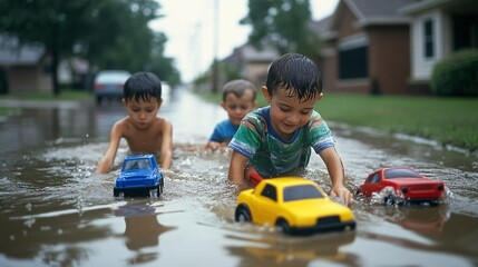 2410_272.children pushing colorful plastic toy vehicles through shallow floodwater, rain-soaked asphalt road, suburban houses visible, cloudy atmosphere, candid lifestyle image