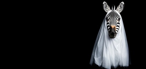 A playful, wide-eyed zebra dressed as a ghost, standing on a black backdrop with the text 'THIS IS MY GHOST COSTUME'