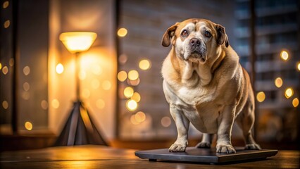 Fat Dog on Weight Scale Showcasing Pet Obesity Awareness in Low Light Photography for Healthier Pets, Weight Management, and Responsible Pet Ownership