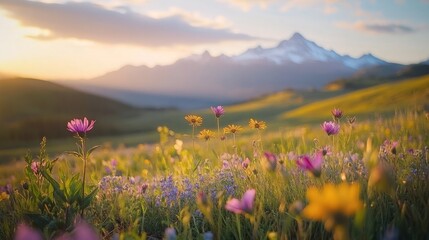Obraz premium A field of wildflowers in full bloom with a mountain range in the background, bathed in the golden light of a setting sun.