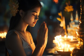 A young woman is praying and asking for blessings from her beliefs on the night of the full moon. By lighting candles and offering offerings in the tradition.