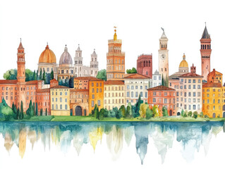 Colorful Italian cityscape with domes and historic arch
