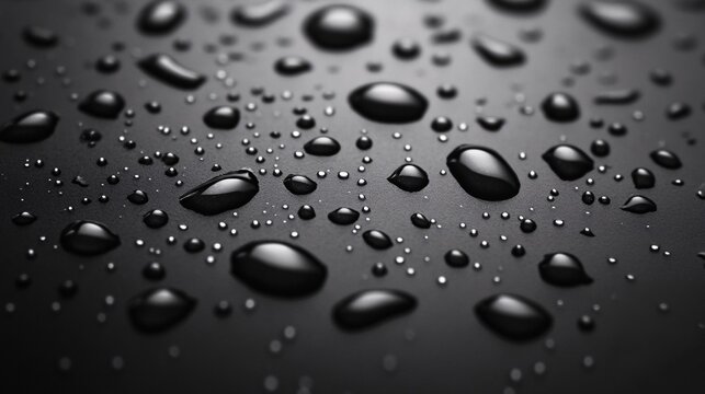 2410_147.extreme close-up of raindrops on dark background, intricate bead patterns, surface tension details, glossy wet appearance, minimalist water study