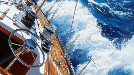 A sailor steering a ship through rough seas, with waves crashing against the deck and a lighthouse visible in the distance